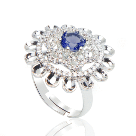 Silver Plated Blue American Diamond Studded Ring