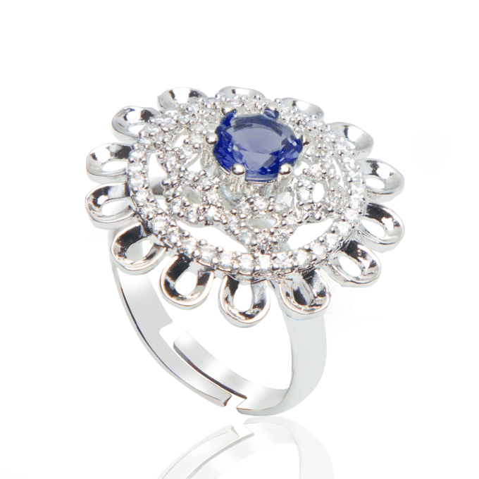 Silver Plated Blue American Diamond Studded Ring
