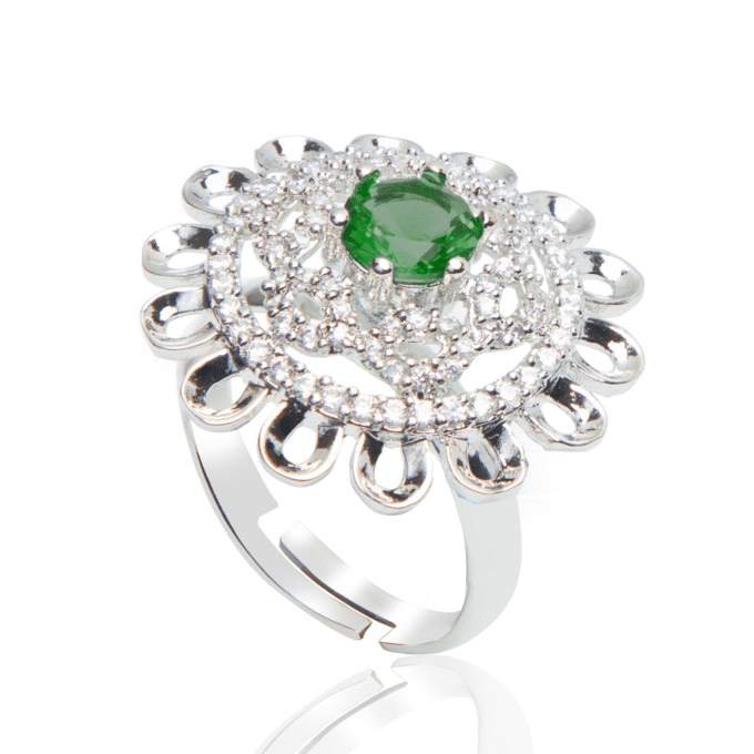 Silver Plated Dark Green American Diamond Studded Ring