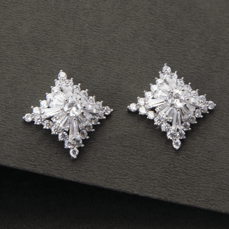 Square Flower Silver Plated Zircon Earrings