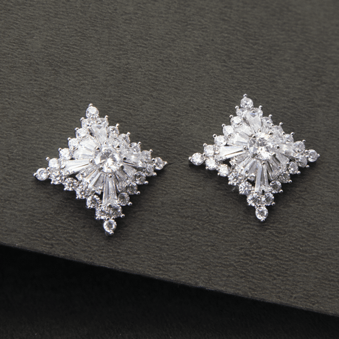 Square Flower Silver Plated Zircon Earrings