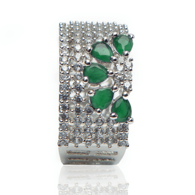 Green Blossom AD Finger Ring Elegant Floral American Diamond