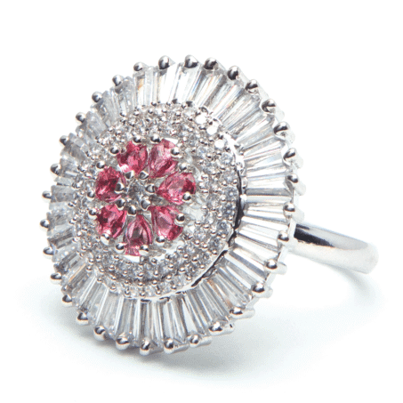 American Diamond Flower Shaped Ring with Pink Stones