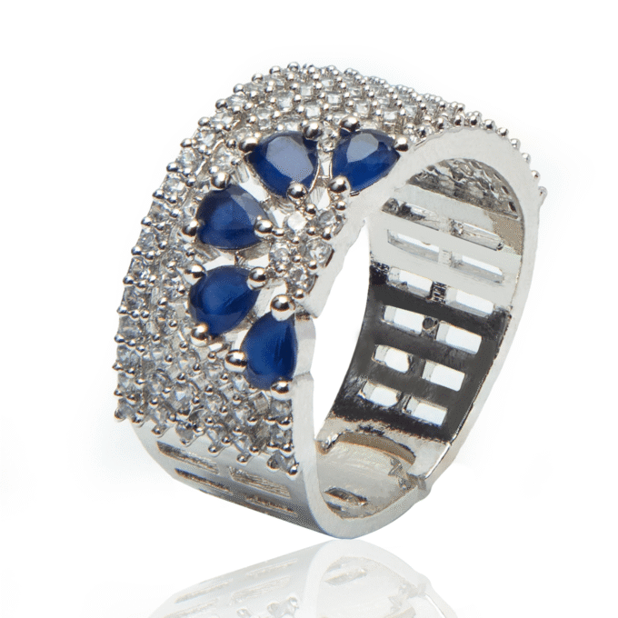Azure Blossom AD Finger Ring Elegant Floral American Diamond