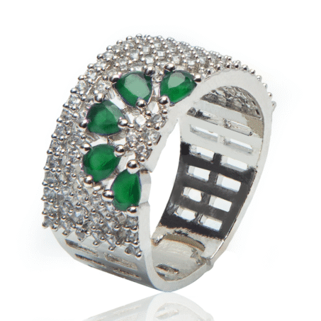 Green Blossom AD Finger Ring Elegant Floral American Diamond
