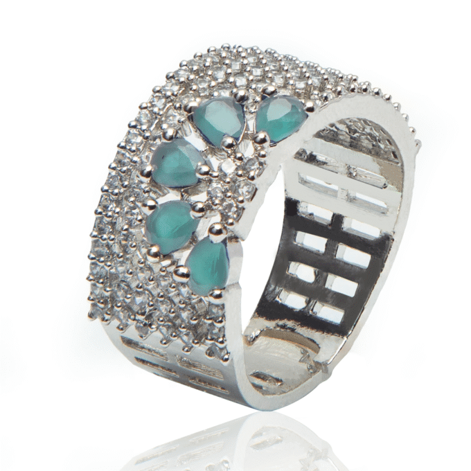 Sea Green Blossom AD Finger Ring Elegant Floral American Diamond