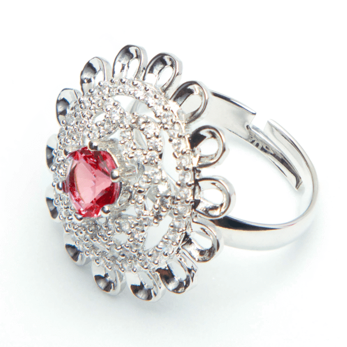 Silver Plated Red American Diamond Studded Ring