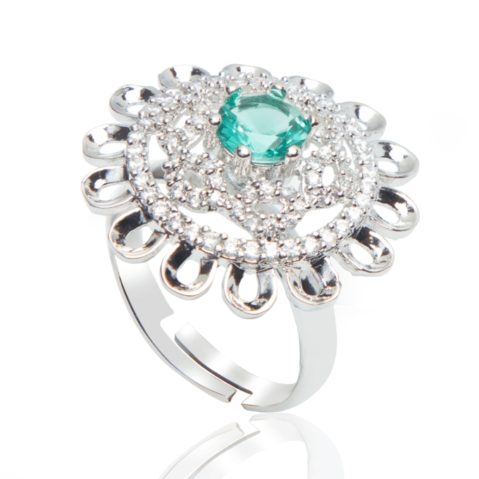 Silver-Plated Green American Diamond Studded Ring