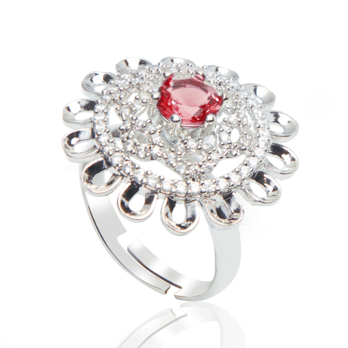 Silver Plated Red American Diamond Studded Ring