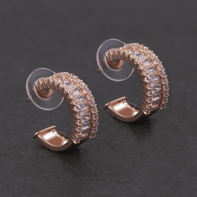 Rose Gold Diamond Simulant Detailed Hoop Earrings