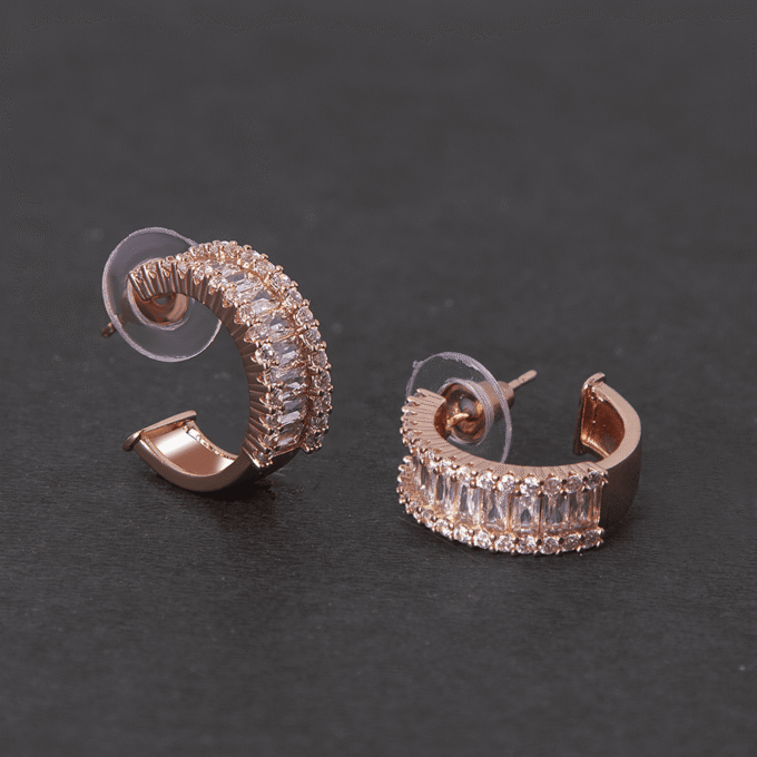 Rose Gold Diamond Simulant Detailed Hoop Earrings