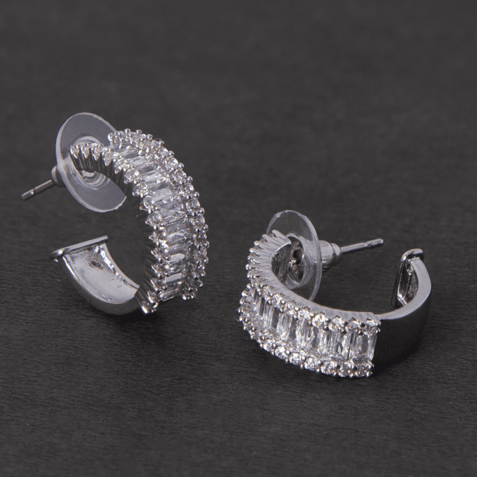 Silver Diamond Simulant Detailed Hoop Earrings