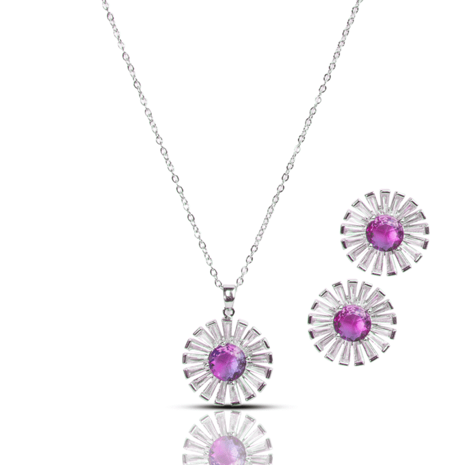 Pink Cubic Zirconia Pendant with Chain and Earrings