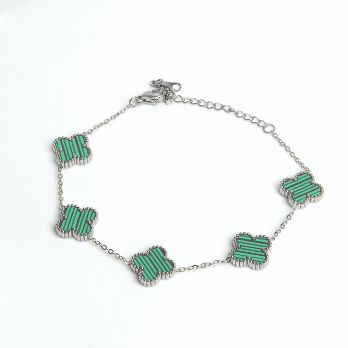 JELLY Women's Steel Gold Color Green Enamel Clover Model Bracelet