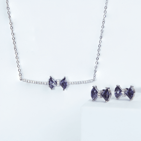 Silver-Plated Cubic Zirconia Studded Bow Shaped Necklace Set
