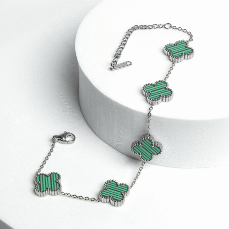 JELLY Women's Steel Gold Color Green Enamel Clover Model Bracelet