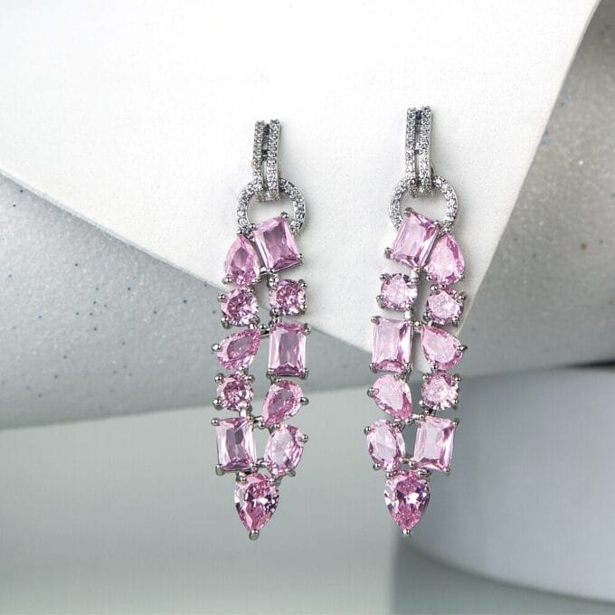 Pink Long Tassel Marquise Cut Cubic Zirconia Earrings
