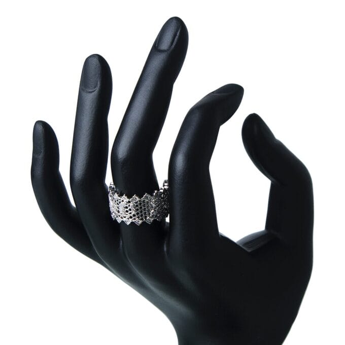 Retro Art Hollow Zircon Flower Rhodium Plated Ring
