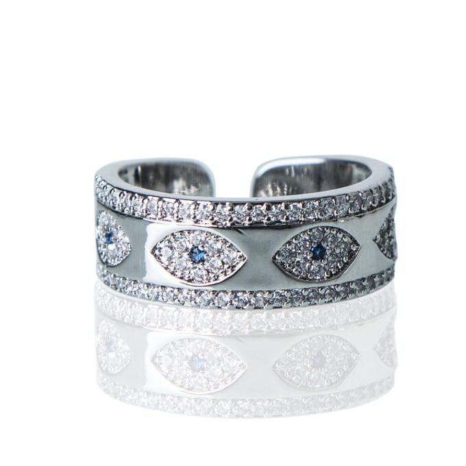 Thick Evil Eyes Rhodium Plated AD Ring