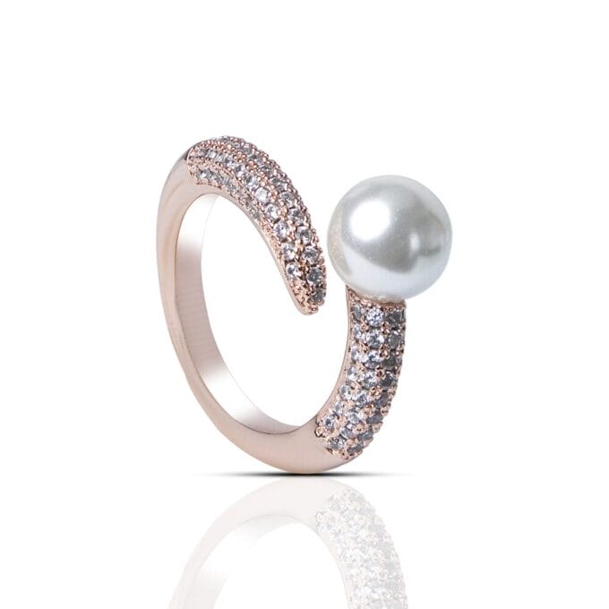 1pc Rose Gold Faux Pearl & Zirconia Open Finger Ring