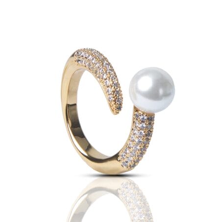 1pc Gold Plated Faux Pearl & Zirconia Open Finger Ring