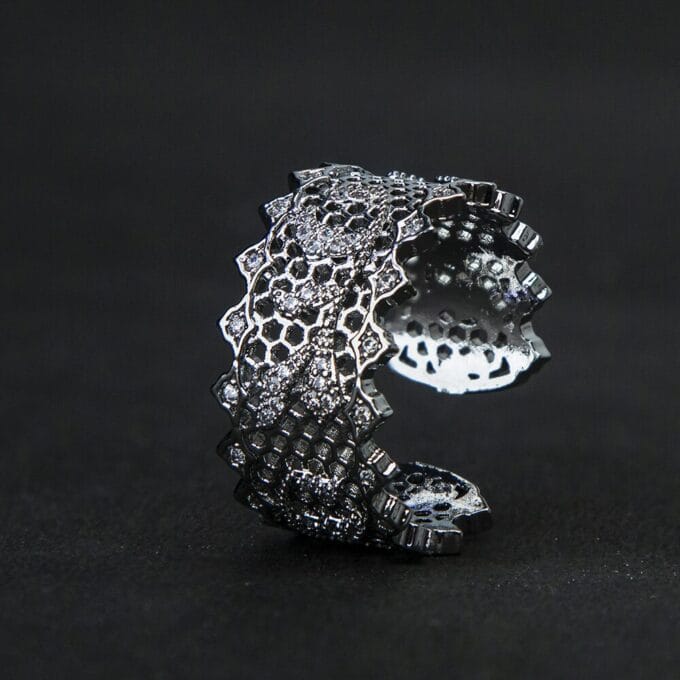 Retro Art Hollow Zircon Flower Rhodium Plated Ring