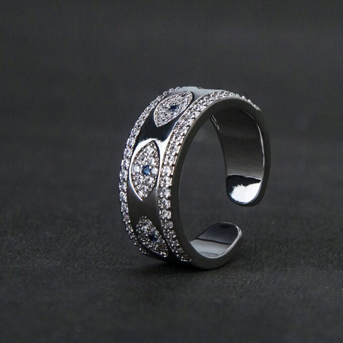 Thick Evil Eyes Rhodium Plated AD Ring