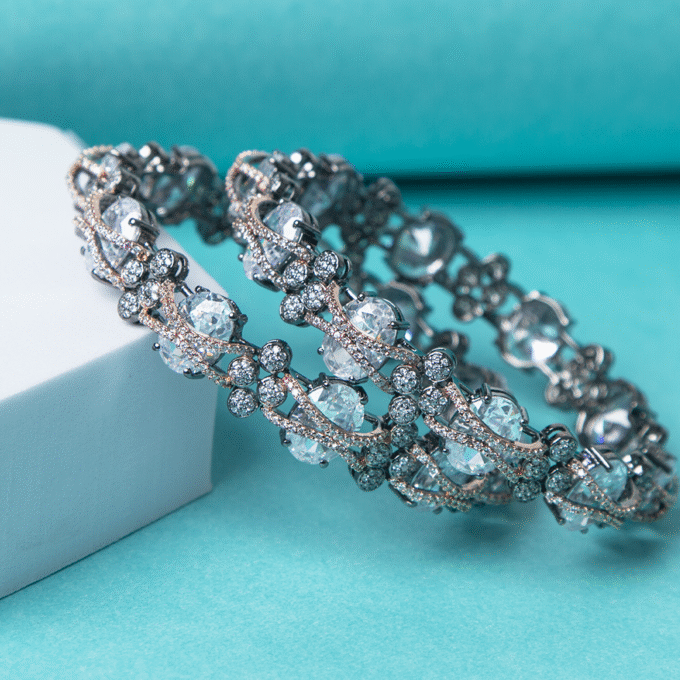 Oxidised Silver CZ AD Ethnic Design Bangle