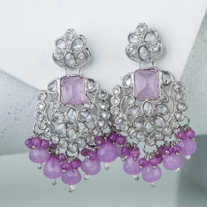 Rhodium plated Contemporary Pink Cubic Zirconia Drop Earrings