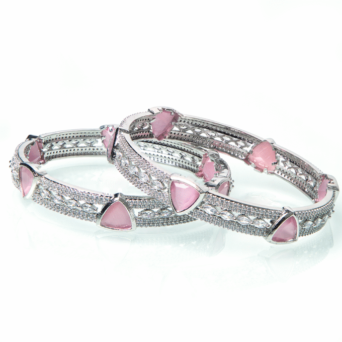 Rhodium Plated Glistening Mint Pink American Diamond Bangles