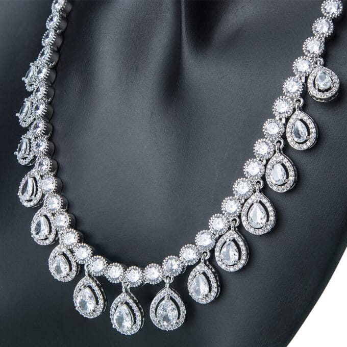 Silver Plated Tear Drops Cubic Zirconia Earing & Necklace Set