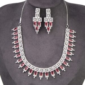 Wine AD Stone Embellished Necklace With Earring Set