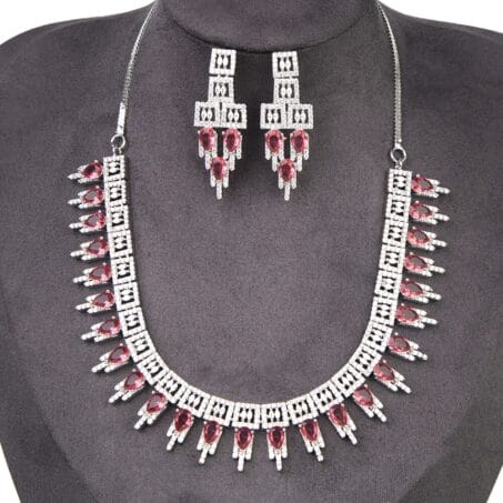 Wine AD Stone Embellished Necklace With Earring Set