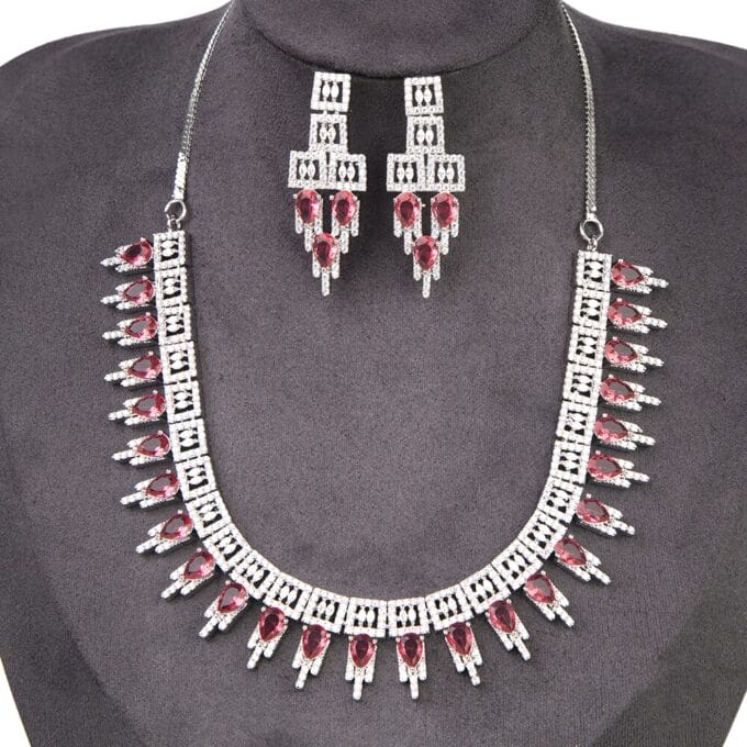 Wine AD Stone Embellished Necklace With Earring Set