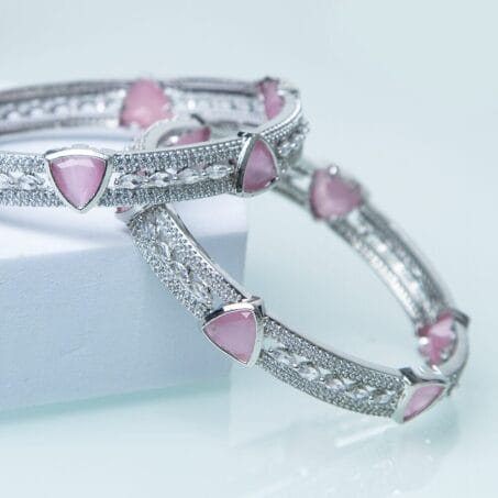 Rhodium Plated Glistening Mint Pink American Diamond Bangles