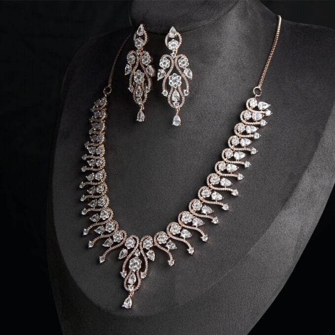 American Diamond White Color Stone Rose Gold Necklace Set
