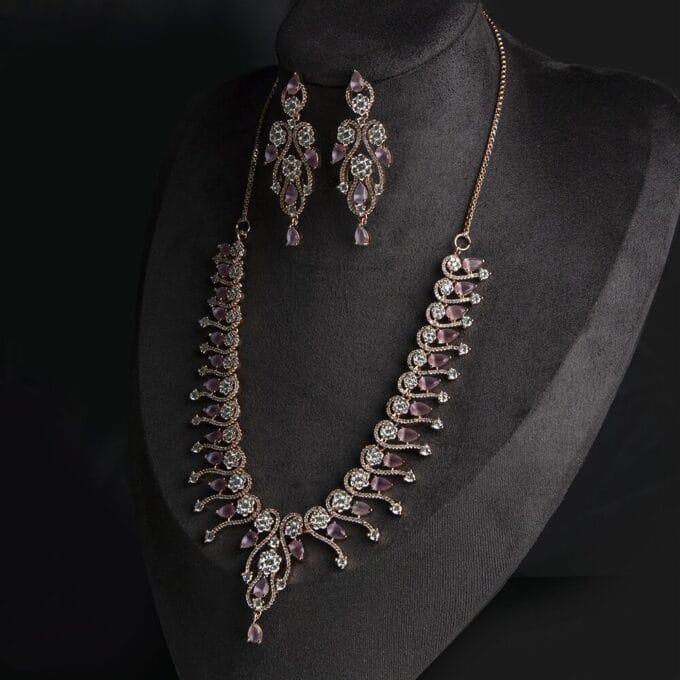 American Diamond Pink Color Stone Rose Gold Necklace Set