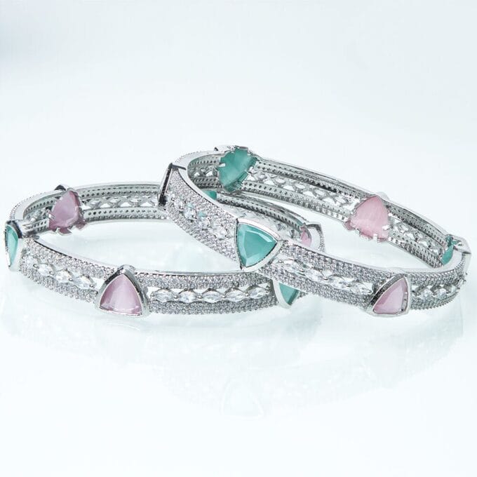 Rhodium Plated Glistening Mint Pink American Diamond Bangles