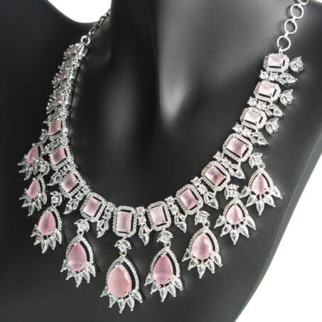 Celebrity Inspired Pink CZ Necklace With Earrings Set
