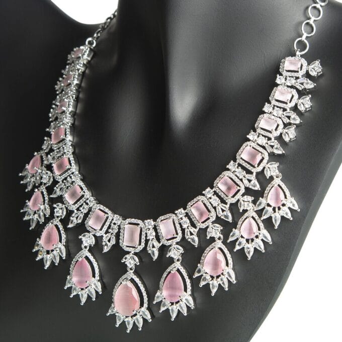 Celebrity Inspired Pink CZ Necklace With Earrings Set