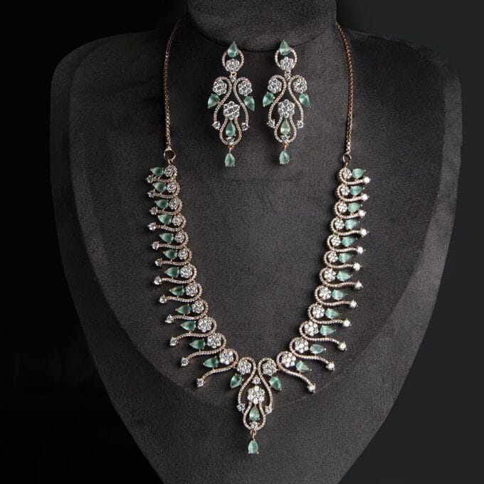 American Diamond Green Color Stone Rose Gold Necklace Set