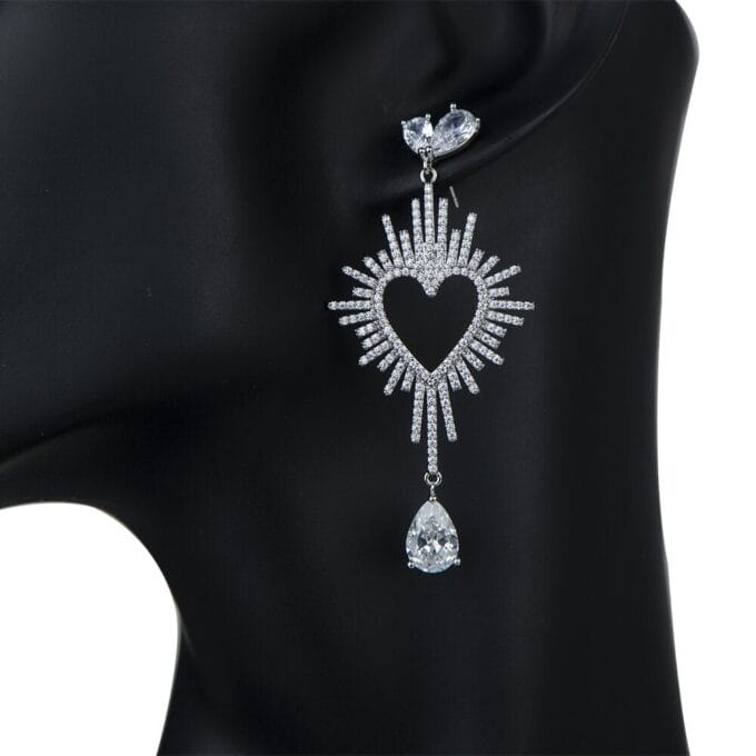 Rhodium plated White Heart Shape Cubic Zirconia Earrings