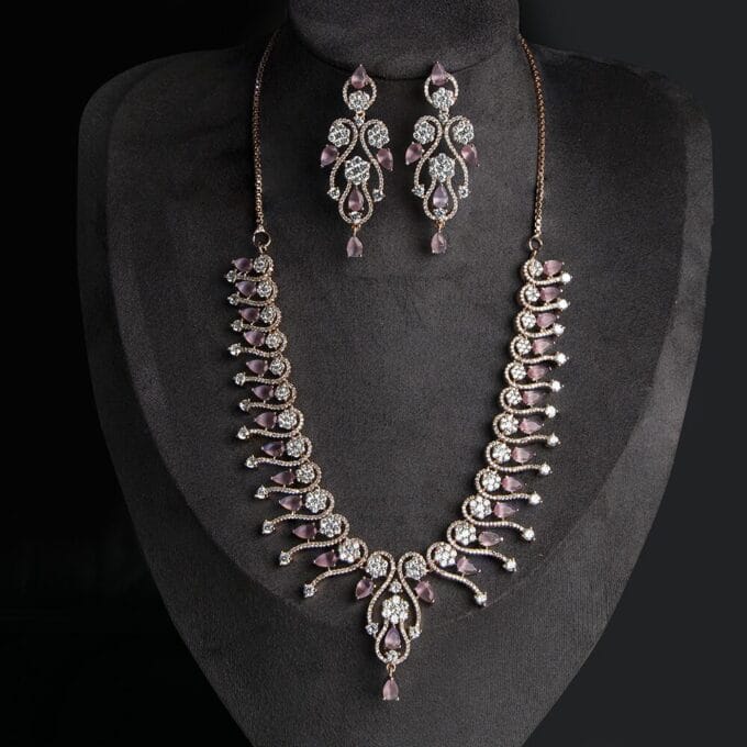 American Diamond Pink Color Stone Rose Gold Necklace Set
