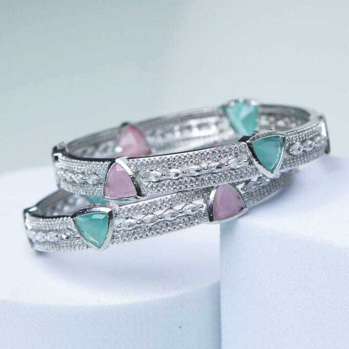 Rhodium Plated Glistening Mint Pink American Diamond Bangles
