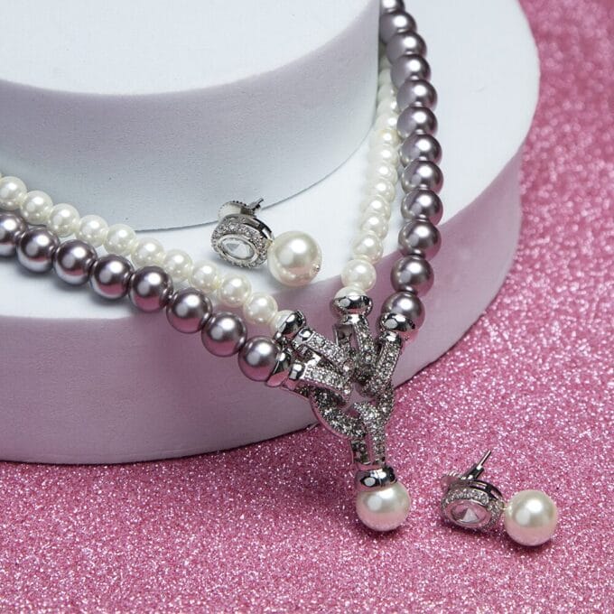 Elegant Brown shining Multi Layer Pearl Earring and Necklace Set