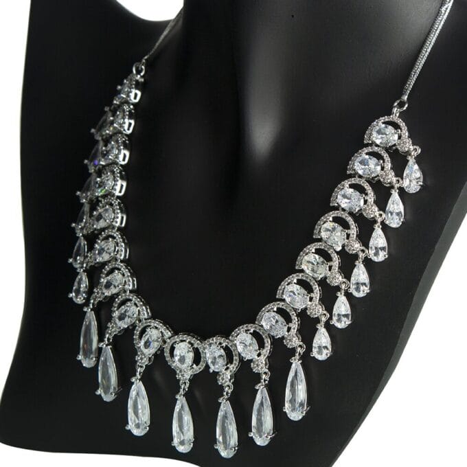Attractive White AD Diamond Rhodium Plated Necklace & Earring Set
