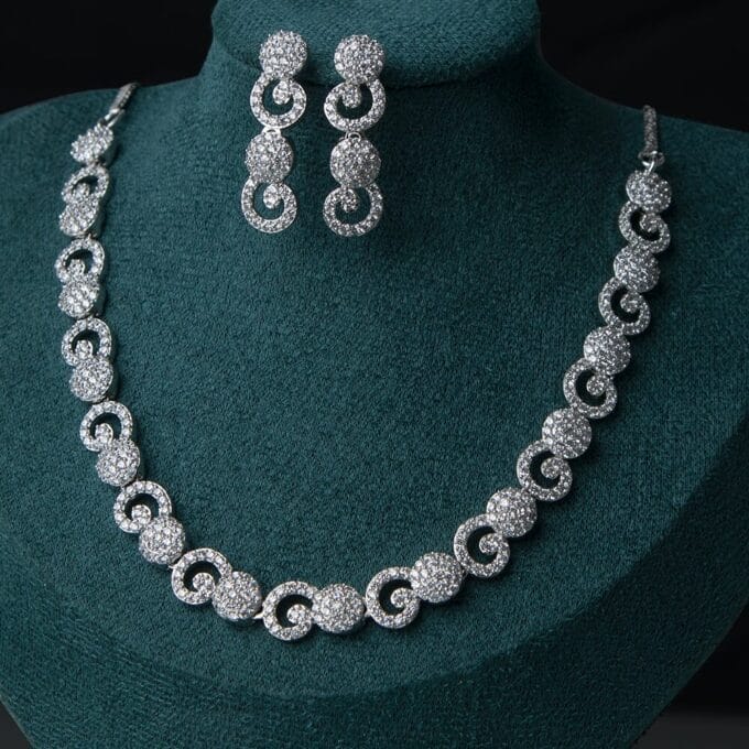Halo Rings American Diamond Rhodium-Plated Jewellery Set