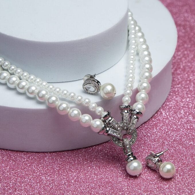 Elegant White shining Multi Layer Pearl Earring and Necklace Set