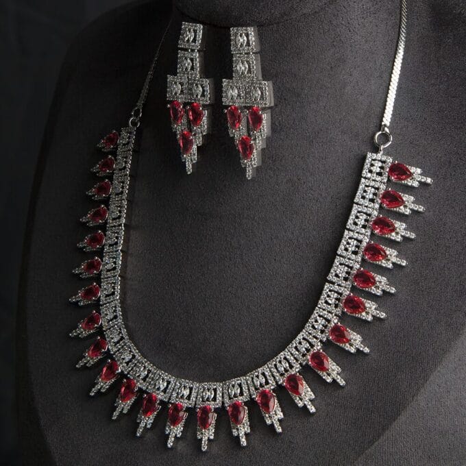 Wine AD Stone Embellished Necklace With Earring Set