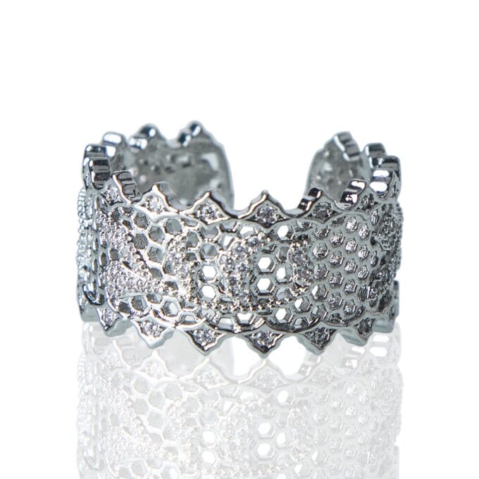 Retro Art Hollow Zircon Flower Rhodium Plated Ring